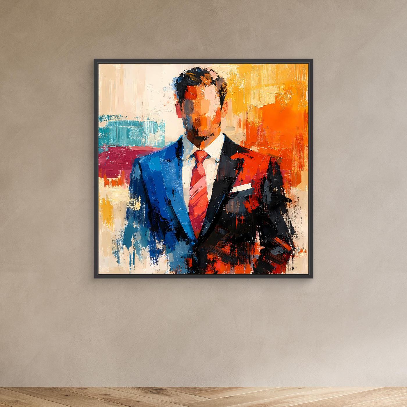 Framed abstract business wall art with dark frame, elegant man in blue/black suit