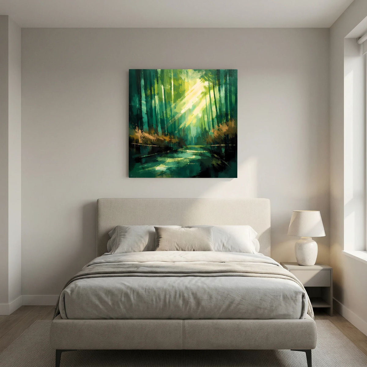 Quadratisches Leinwand-Wandbild mit grünen Baumreihen und leuchtender Lichtspur