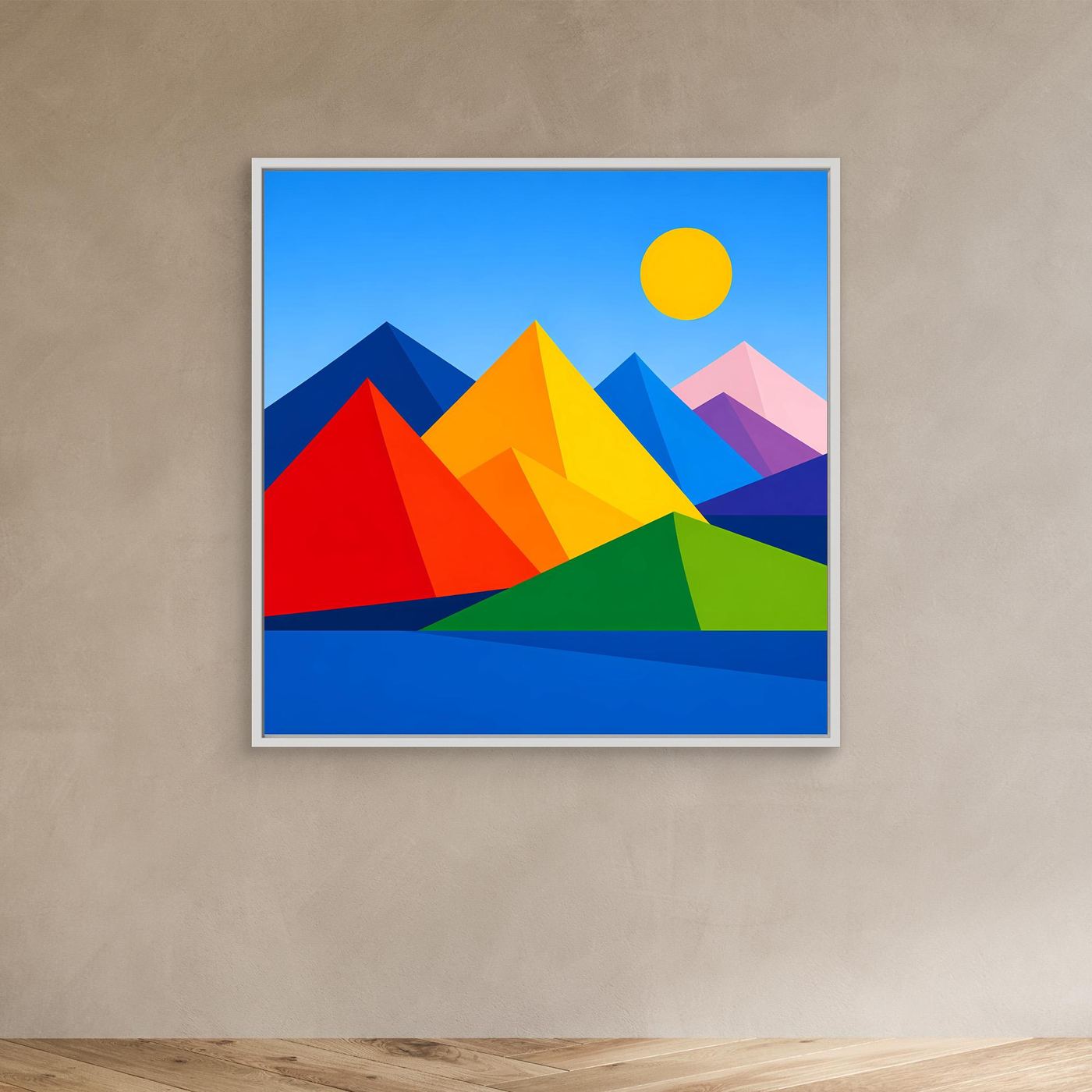Leinwandbild mit geometrischer Berglandschaft, bunte Berge und gelbe Sonne im weißen Rahmen