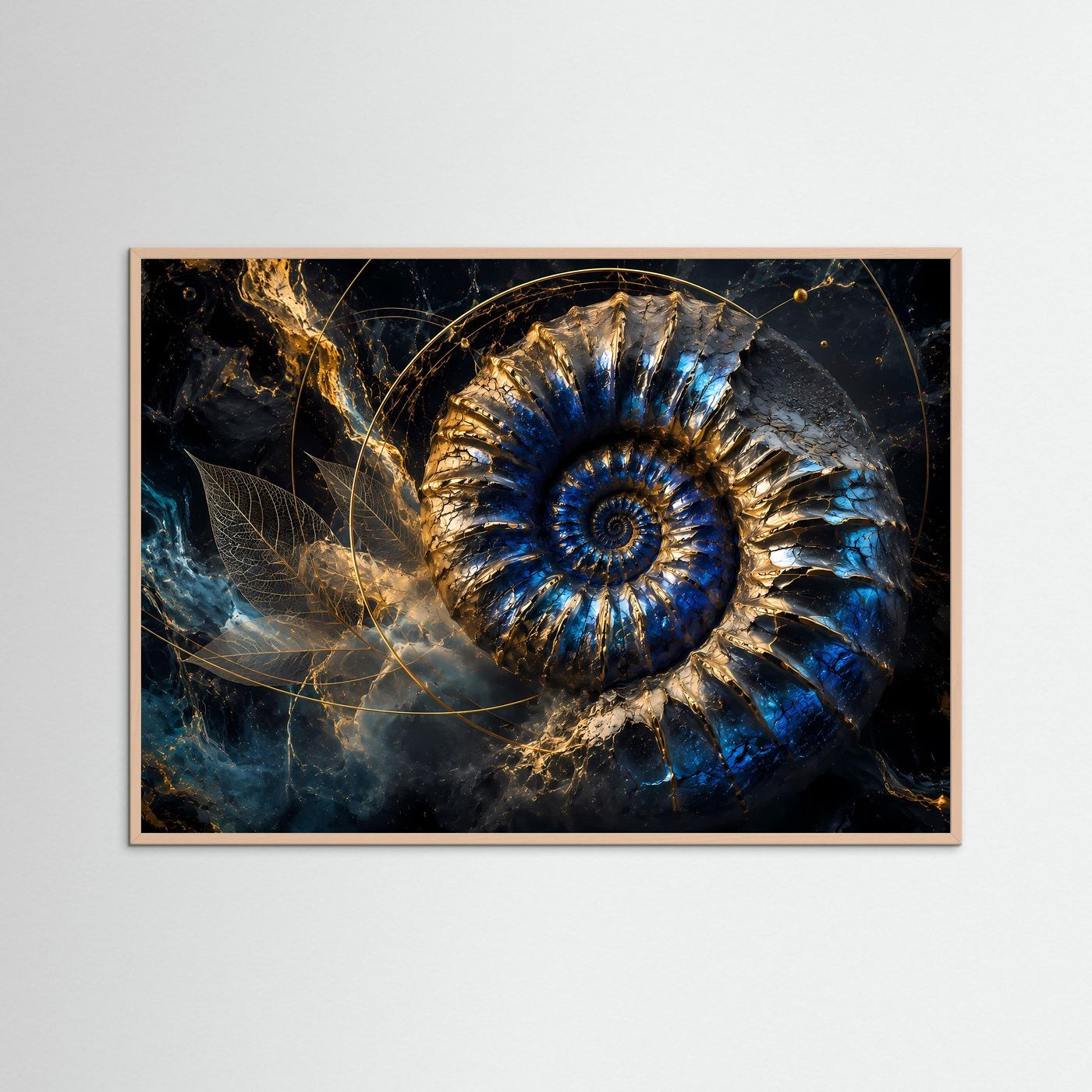 Goldener Ammonit in Tiefblau | Luxuriöse Fossil Kunst mit kosmischer Eleganz