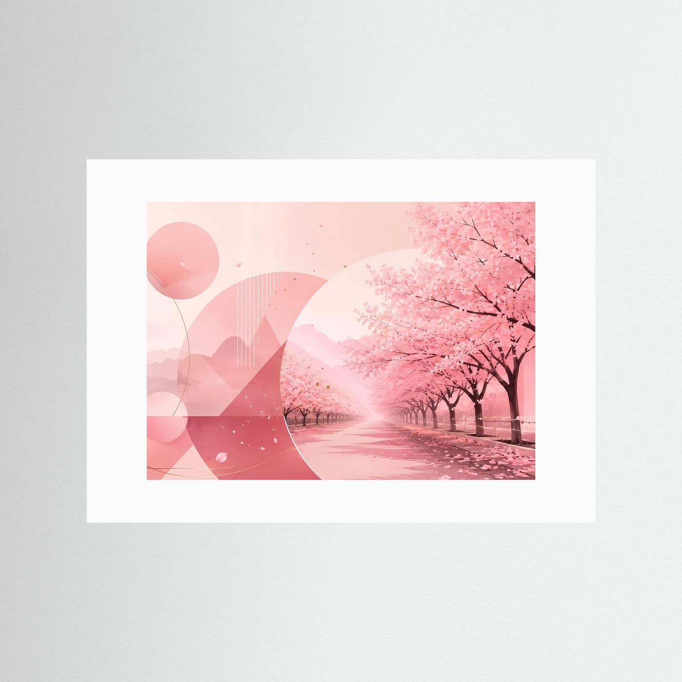 Poster im Querformat mit pinker Kirschblütenallee und Weißrand (ohne Holzrahmen)