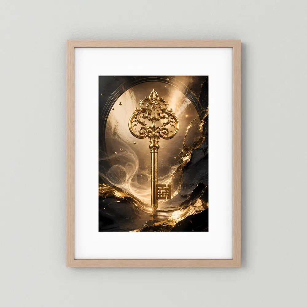 Hochformatiges Kunstposter mit goldenem Schlüssel im beigen Holzrahmen