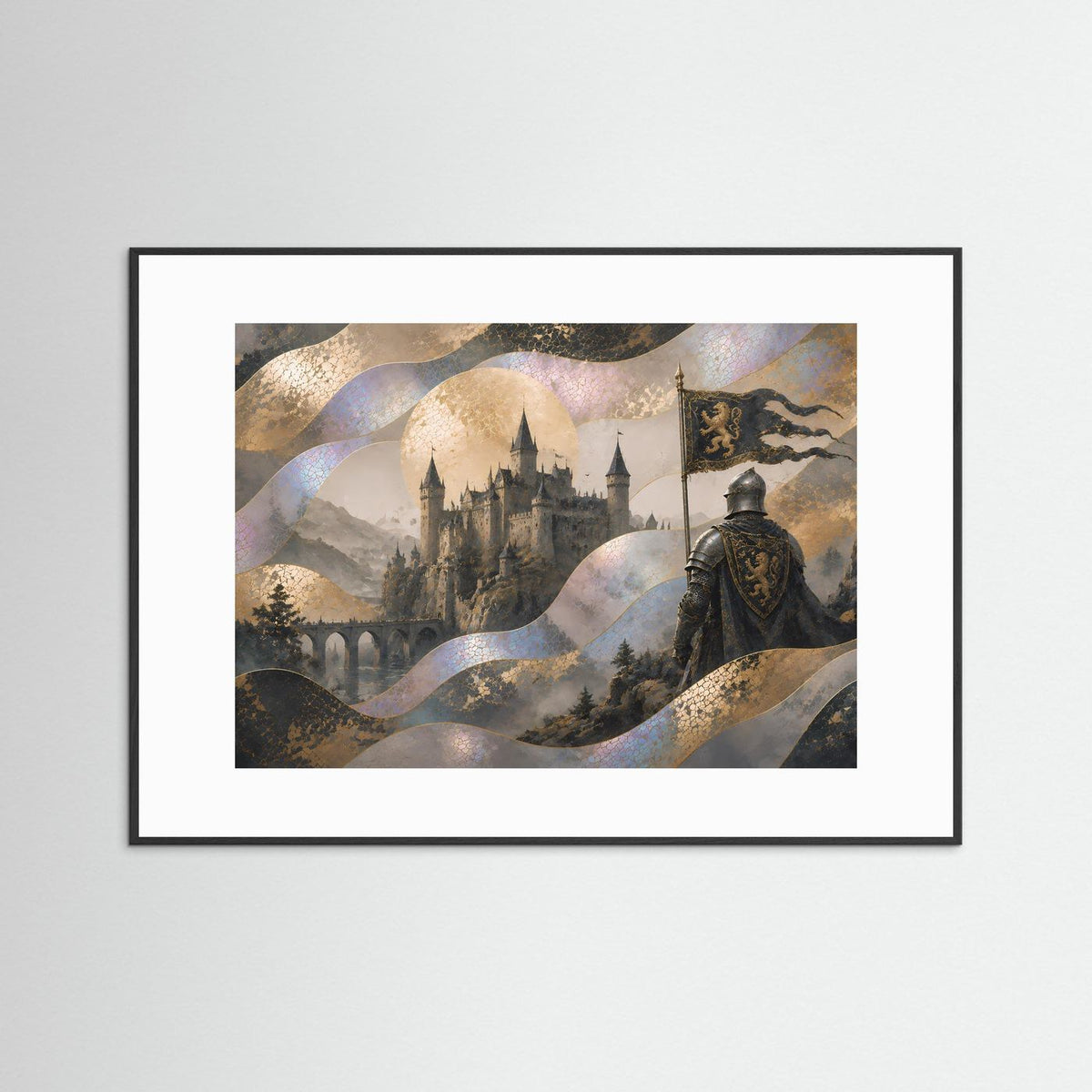 Mittelalter-Poster (Querformat) mit Burglandschaft, goldenen Wellen und gerüstetem Ritter; schwarz