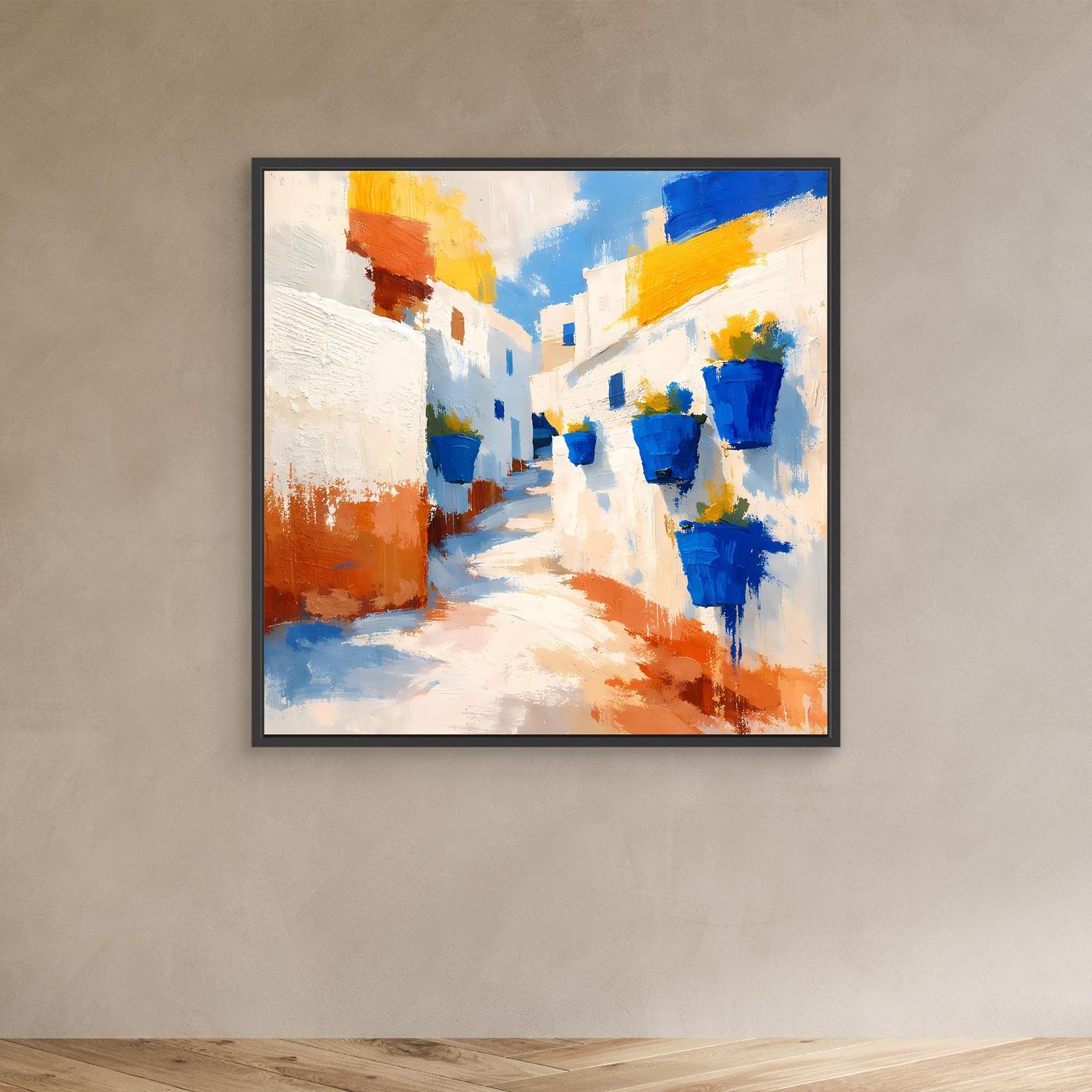 Leinwand Griechische Gasse mit blauen Blumentöpfen | Abstraktes Santorin Wandbild