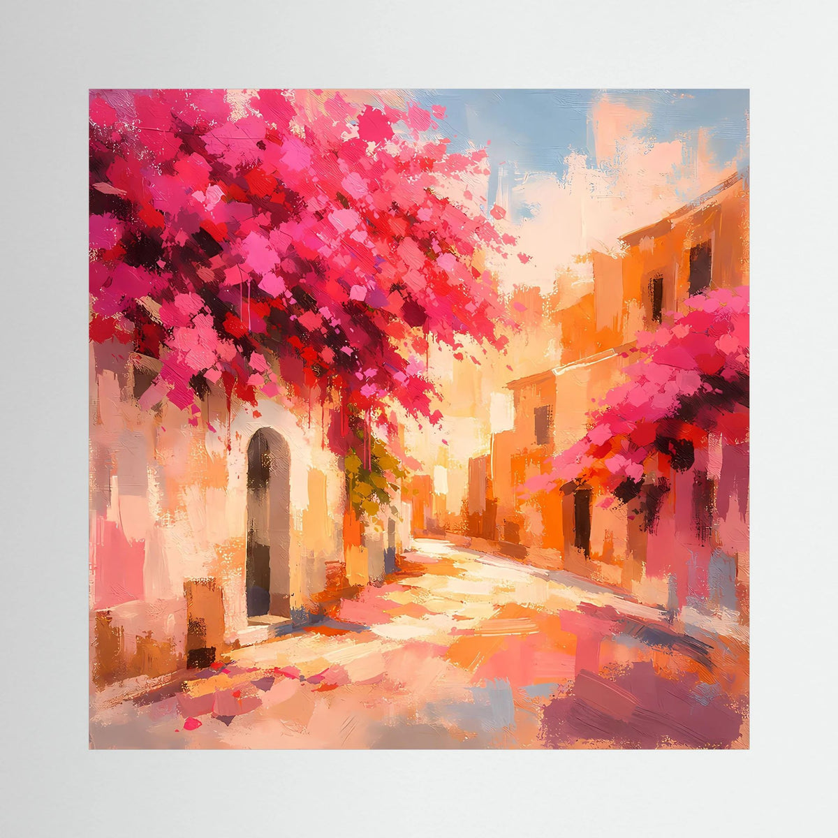 Leinwandbild abstrakte Gasse mit rosa Blüten, Gewölbebogen, orange Fassaden und hellem Himmel