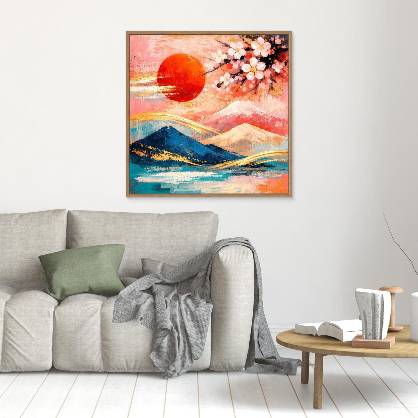 Leinwandbild mit roter Sonne, Kirschblütenzweig und Bergen in Pastellfarben, brauner Rahmen