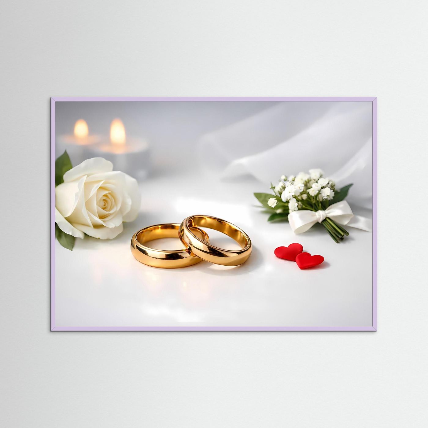 Hochzeits-Poster im lila Rahmen mit goldenen Eheringen, weißer Rose, Kerzen und Herzen