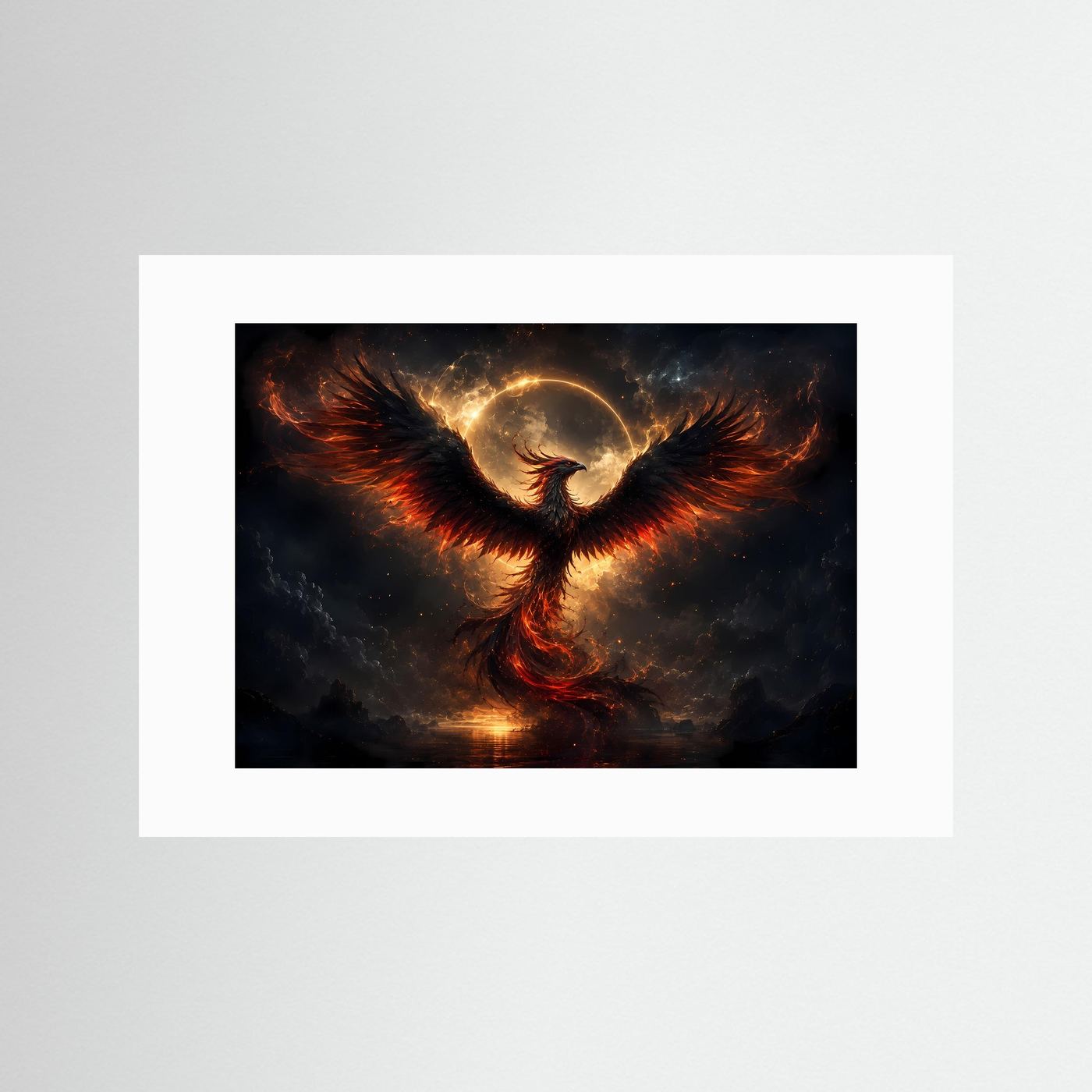 Dunkler Phönix Poster | Mystischer Feuervogel Wandkunst | Schwarz Gold Fantasy Kunst | Abstraktes Wandbild mit Flammen