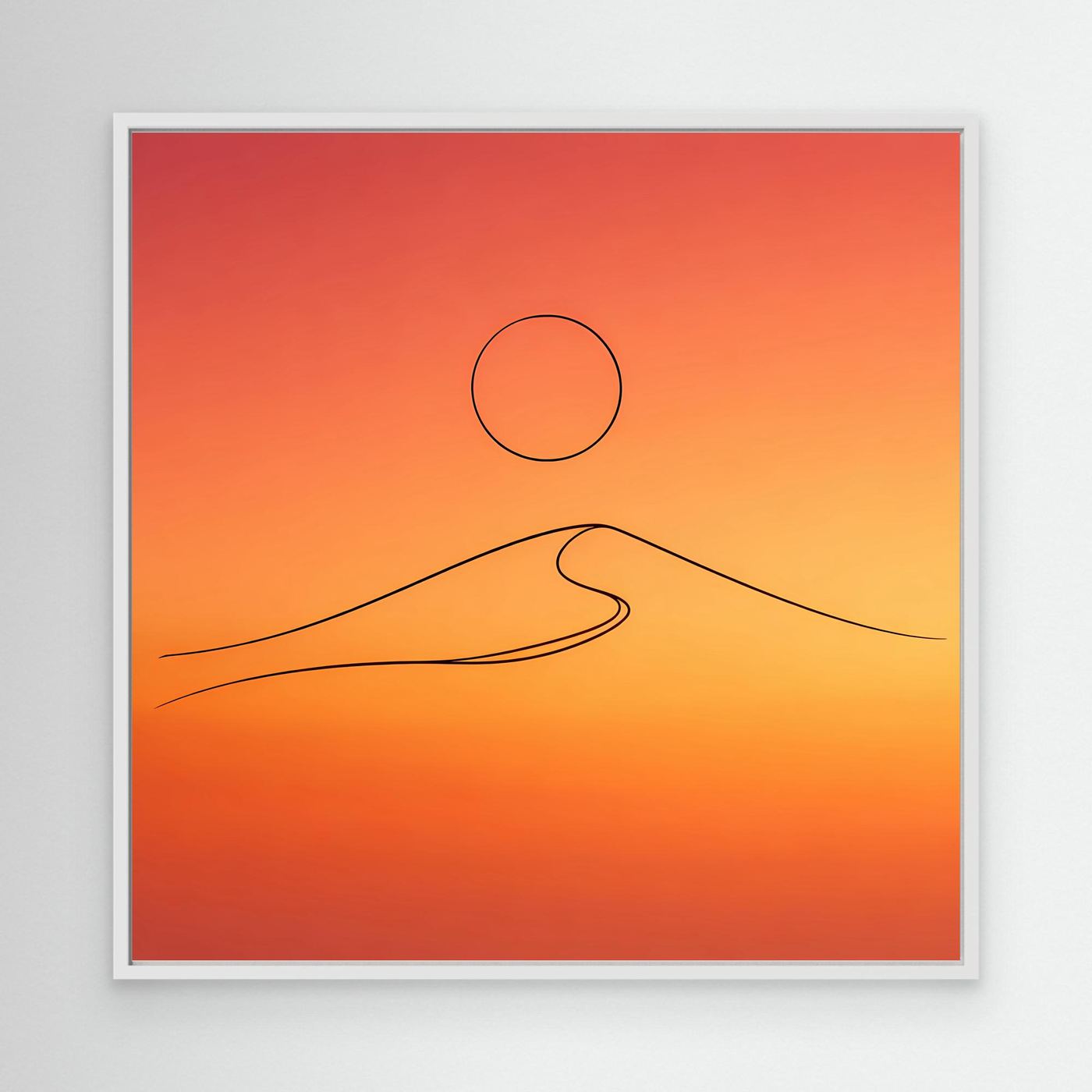 Leinwandbild mit minimalistischer Wüstendüne: Kreis-Sonne und Linien, im weißen Rahmen