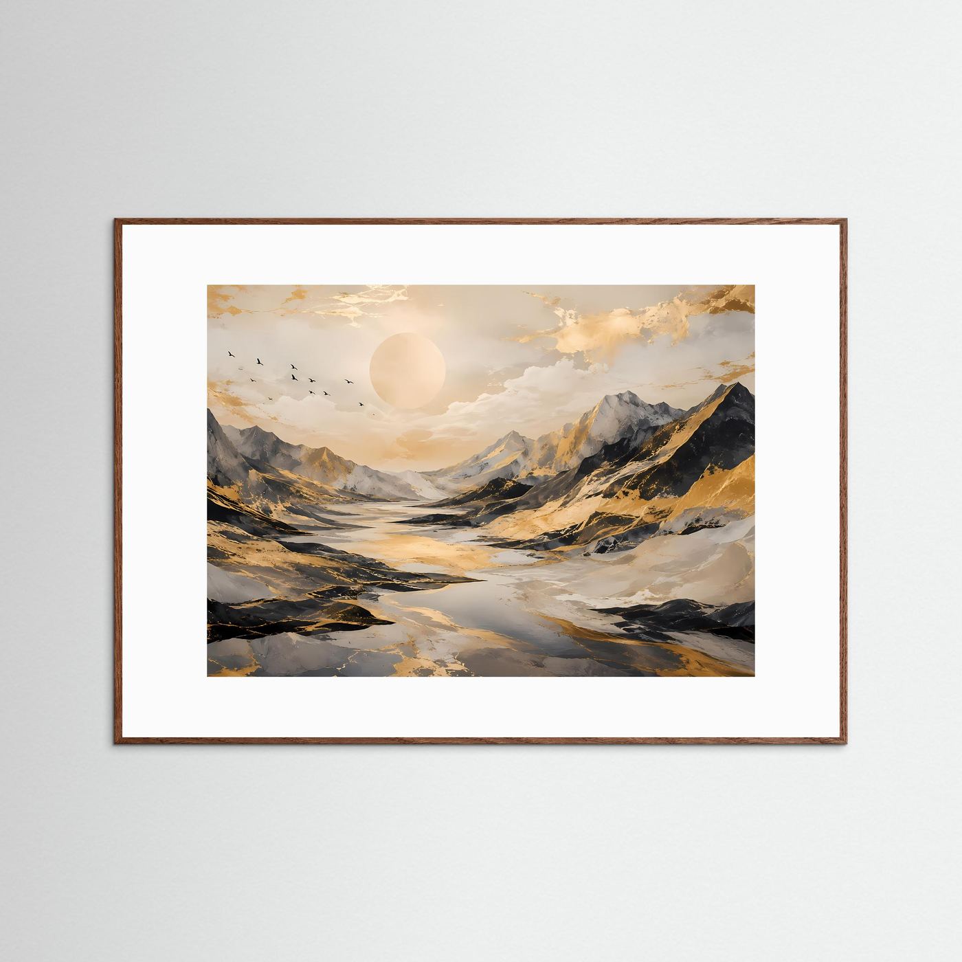 Abstrakte Berglandschaft mit Goldakzenten | Modernes Poster in Schwarz, Weiß & Gold | Edles Wandbild Querformat