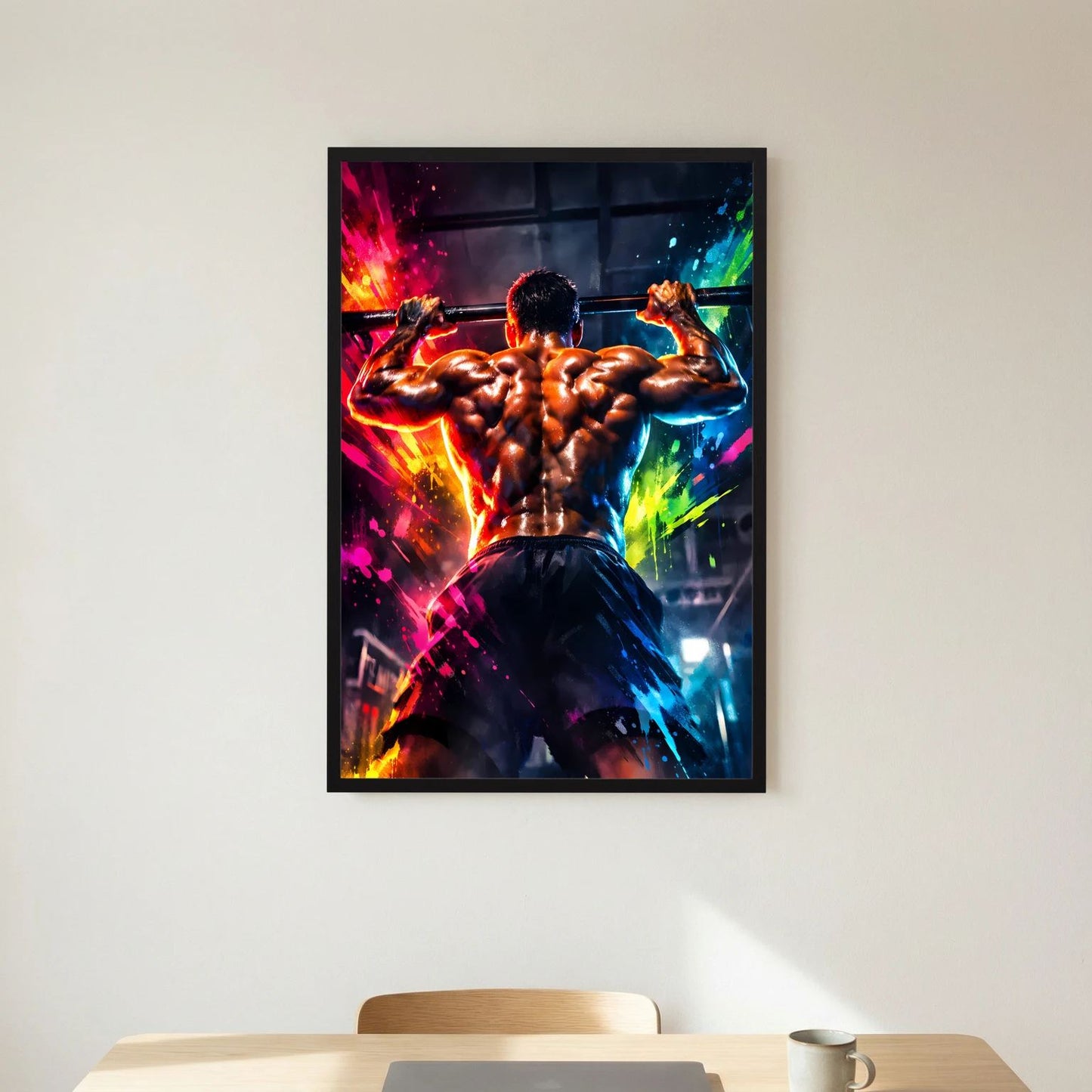 Fitness-Wandbild mit muskulösem Mann beim Klimmzug, farbige Spritzer, schwarzer Rahmen