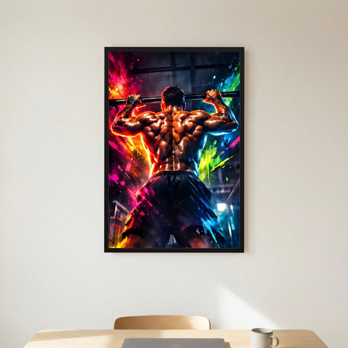 Fitness-Wandbild mit muskulösem Mann beim Klimmzug, farbige Spritzer, schwarzer Rahmen