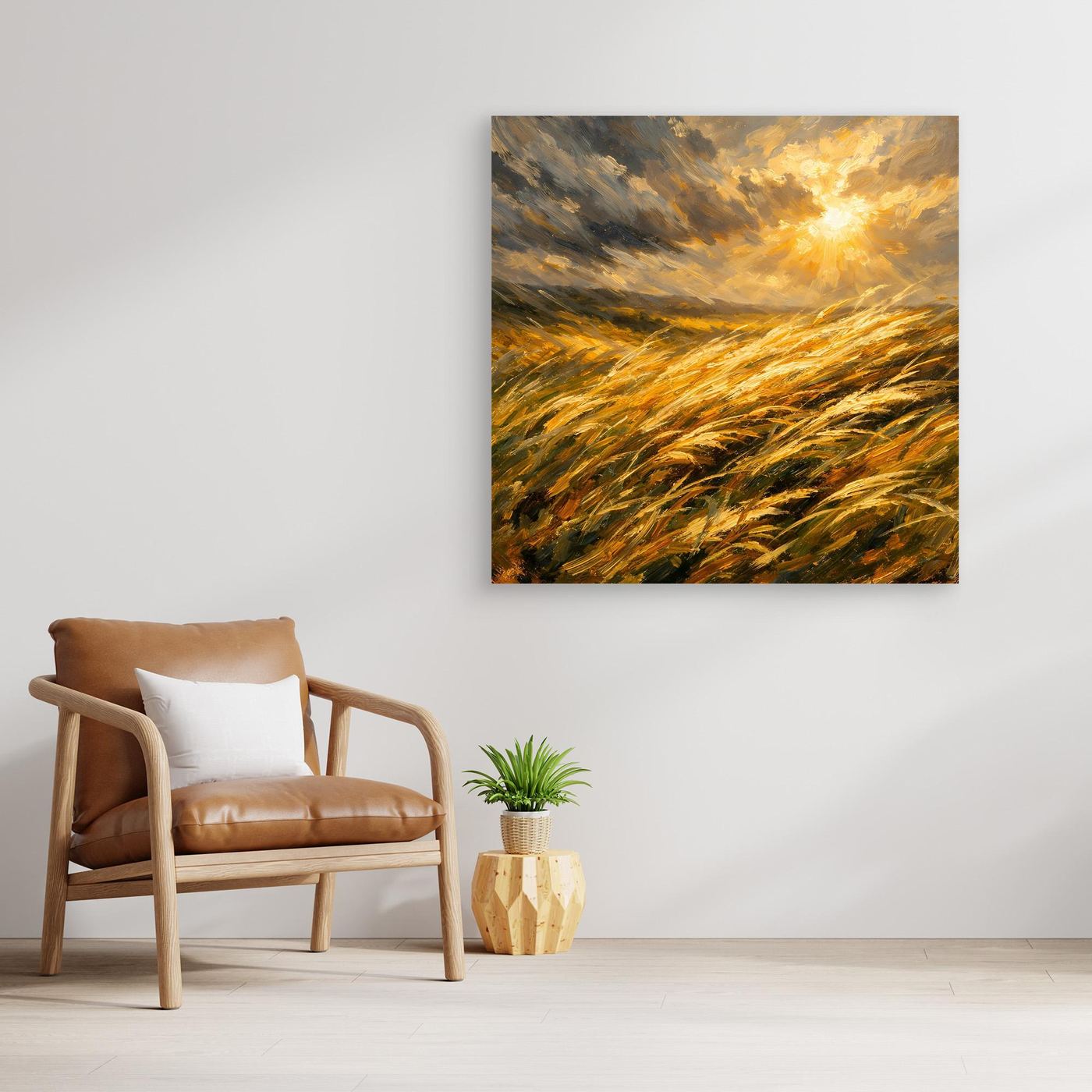 Gerahmtes Leinwandbild mit goldenem Getreidefeld und Sonne, quadratisch, Rahmen in Hellholz