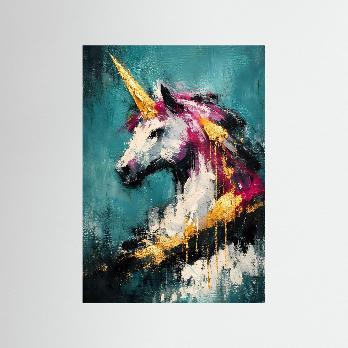 Abstraktes Einhorn-Kunstposter mit türkisem Hintergrund und magentafarbenen Akzenten