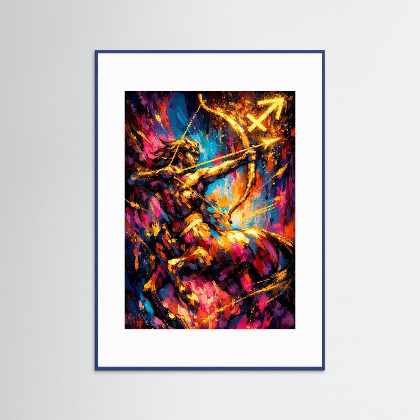 Sternzeichen-Poster im Hochformat, Rahmen blau, neonfarbenes Bogenschützen-Motiv in Gold