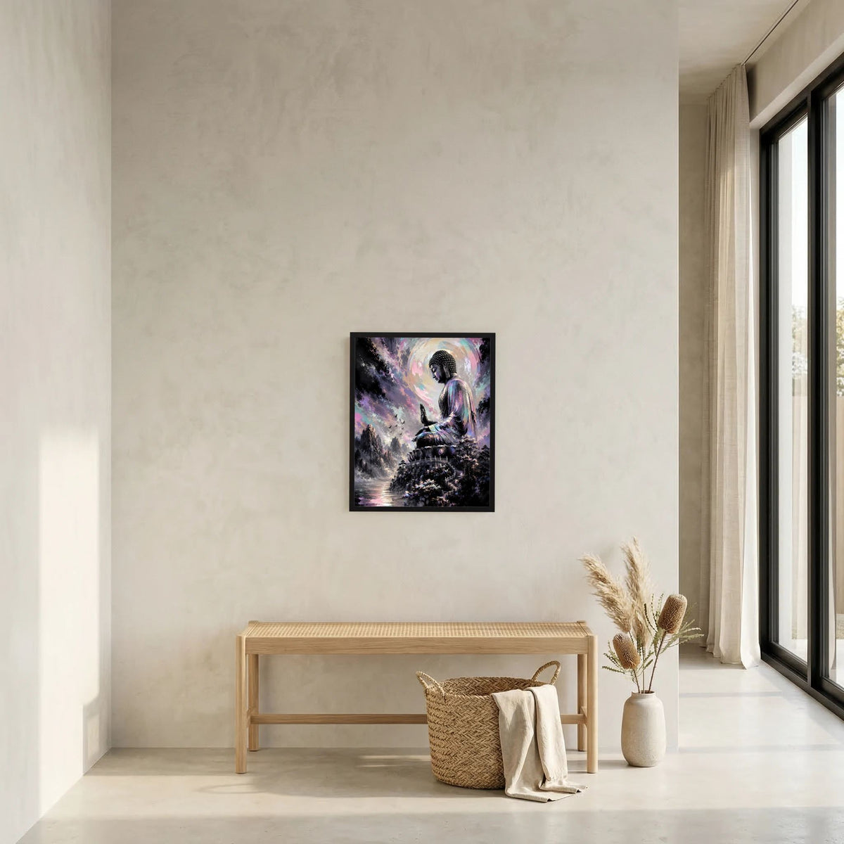 Gerahmtes Kunstposter Hochformat mit sitzendem Buddha in Pastellfarben an der Wand