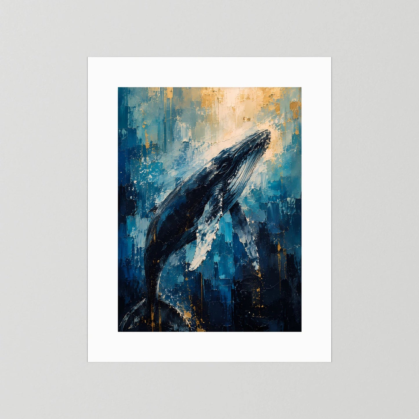 Poster im Hochformat mit Buckelwal in Blau und Gold, abstrakt, mit weißem Passepartout.
