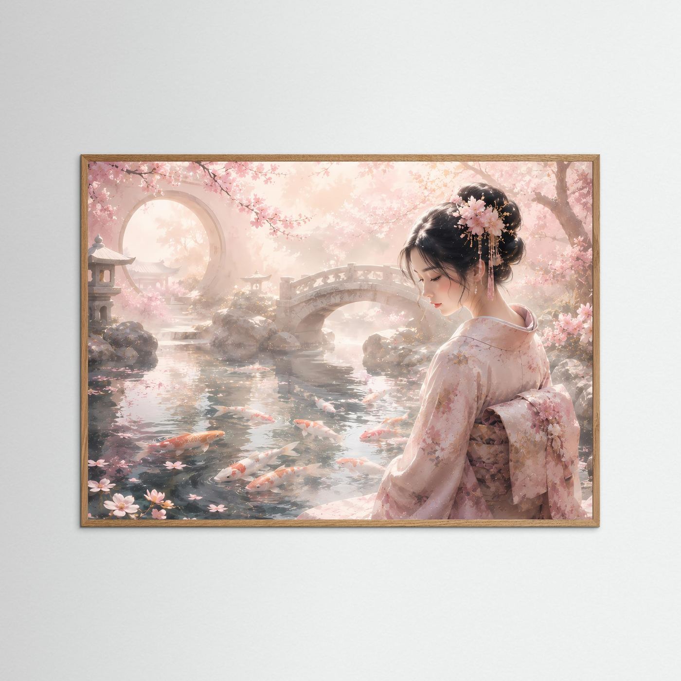 Japanisches Poster mit Geisha im Kimono am Koi-Teich und Kirschblüten, in Holzrahmen.