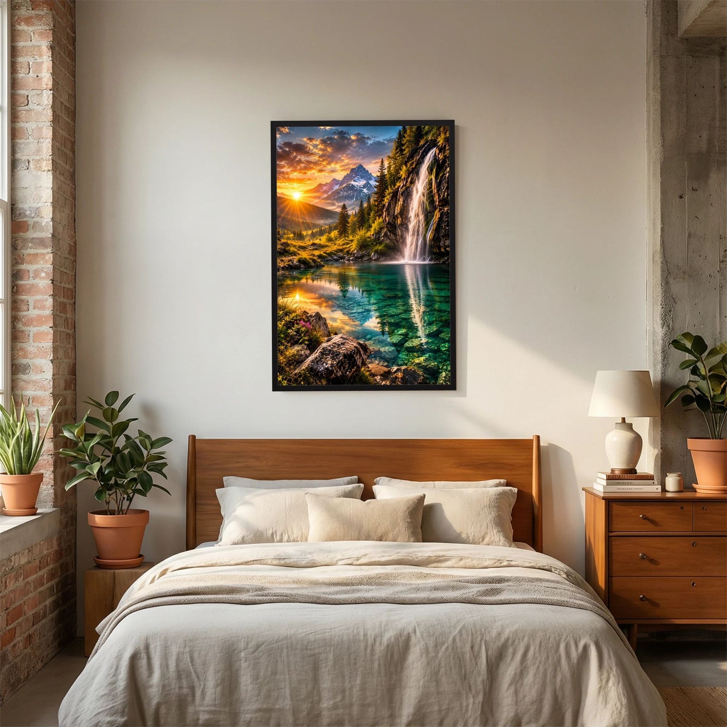 Hochformat-Poster im schwarzen Rahmen mit Bergsee und Wasserfall bei Sonnenuntergang