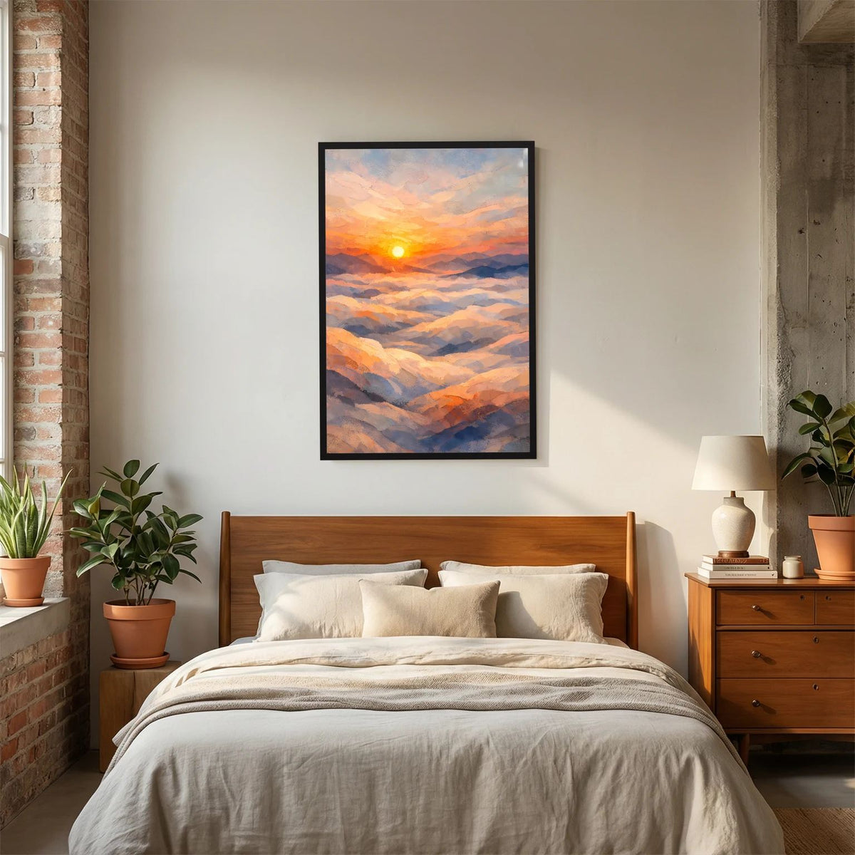 Hochformatiges Poster mit Sonnenuntergang über Wolken in Pastellfarben, an Schlafzimmerwand.