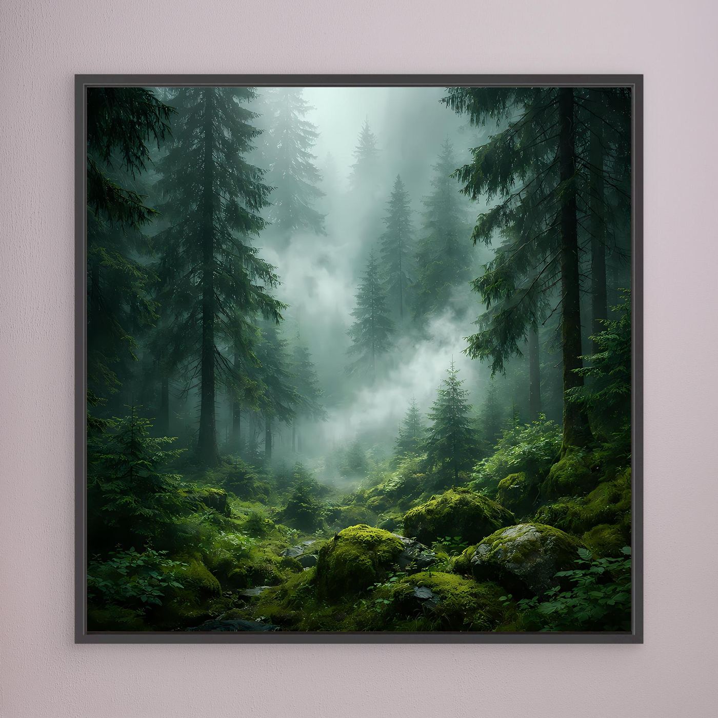 Leinwandbild Grüner Nebelwald mit Tannen, schwarzer Rahmen
