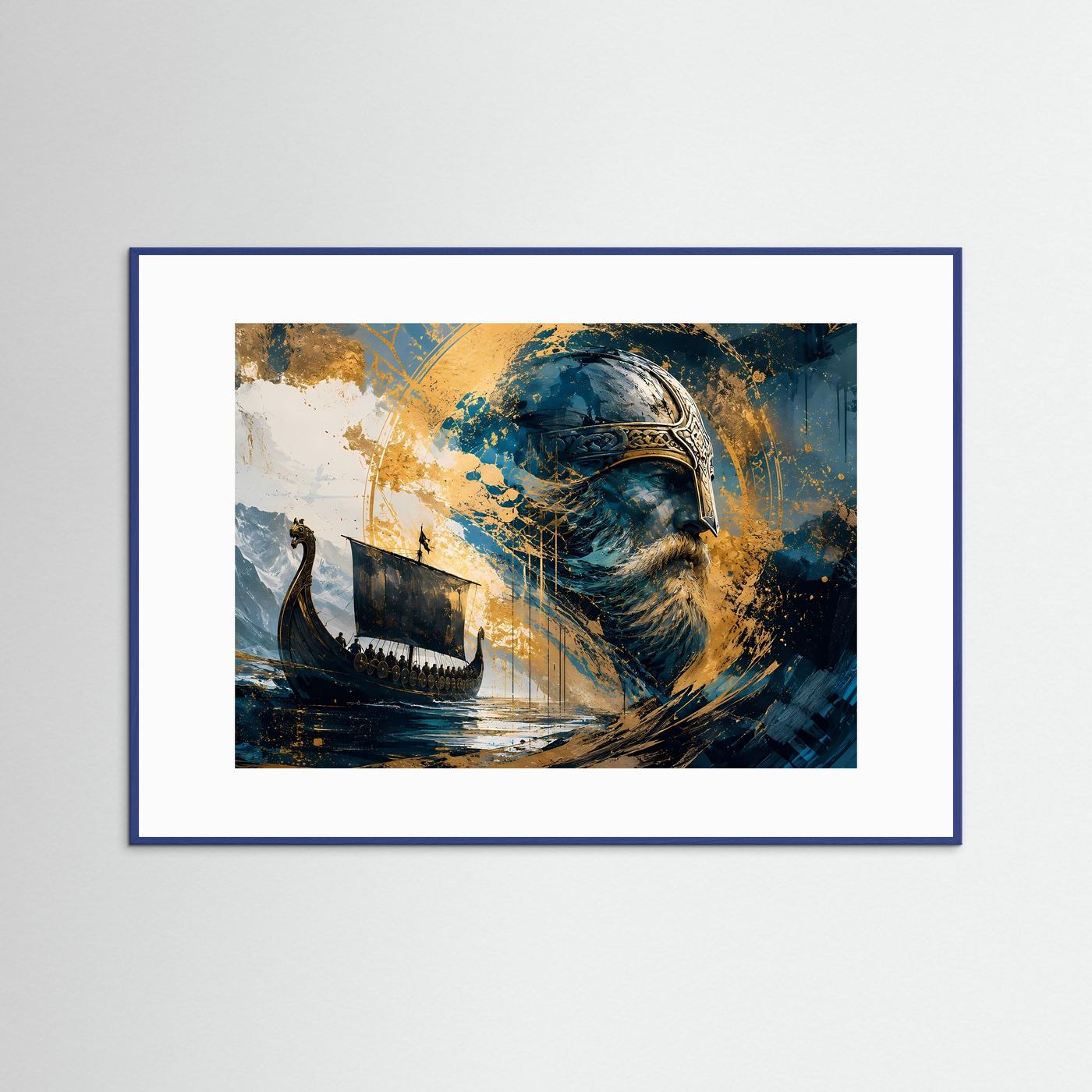 Wikinger Krieger & Langschiff im Sturm | Episches Wandbild & Modernes Kunst-Poster