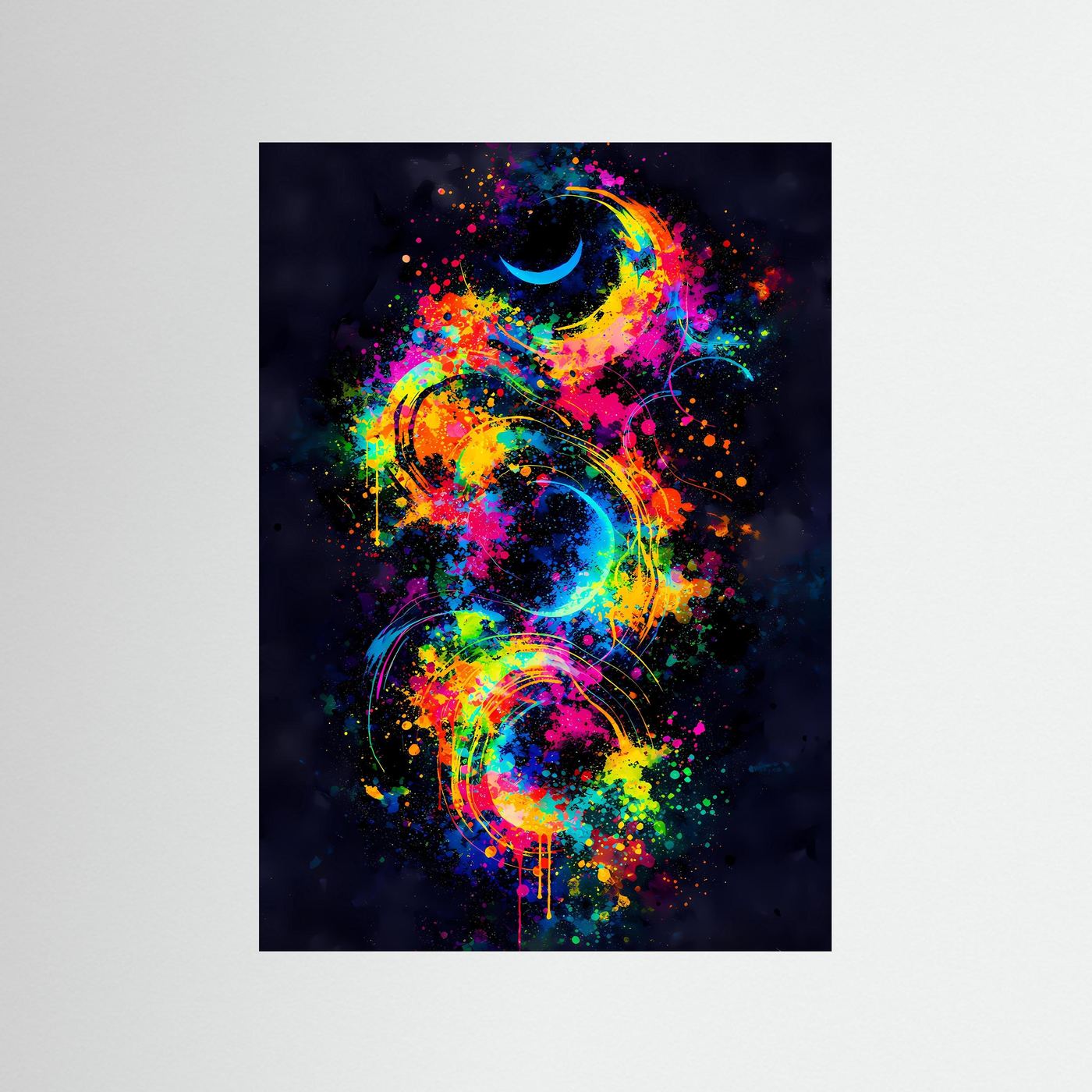 Kosmische Zyklen | Abstraktes Mond & Galaxie Poster in bunten Neonfarben | Modernes Kunstposter Hochformat
