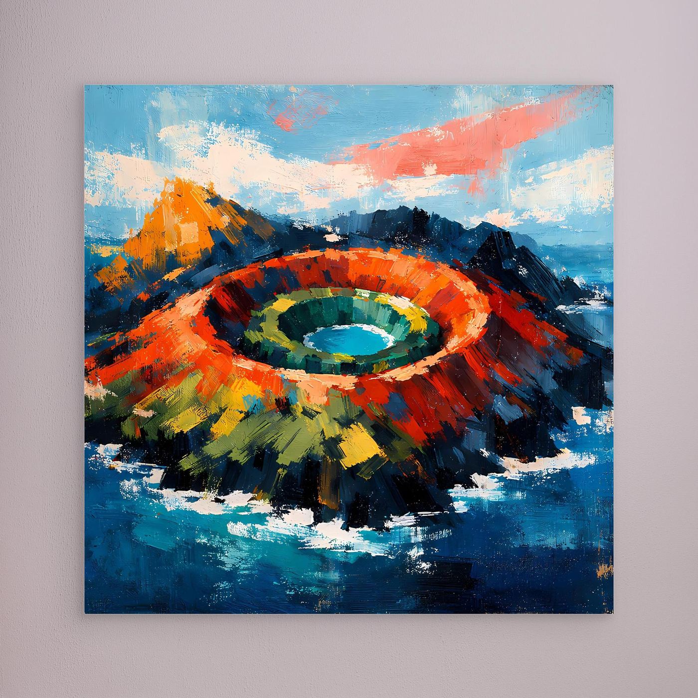 Abstraktes Leinwandbild mit Vulkankrater im Meer, farbige Ringform in Blau, Orange und Grün.