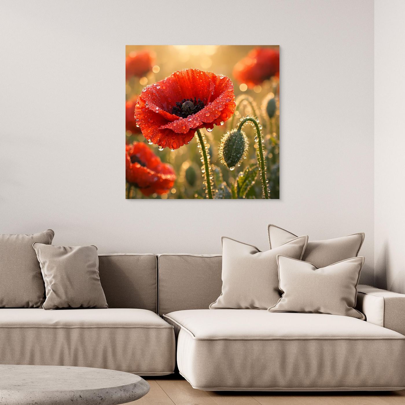 Quadratisches Leinwandbild mit rotem Klatschmohn und Tautropfen