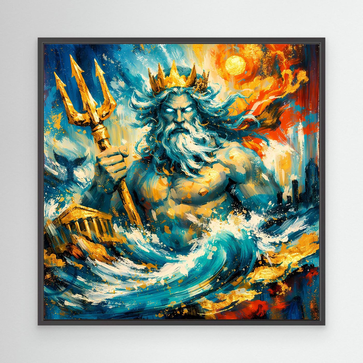 Leinwandbild mit Poseidon-Gestalt, goldenen Speeren und Wellen, schwarzer Rahmen