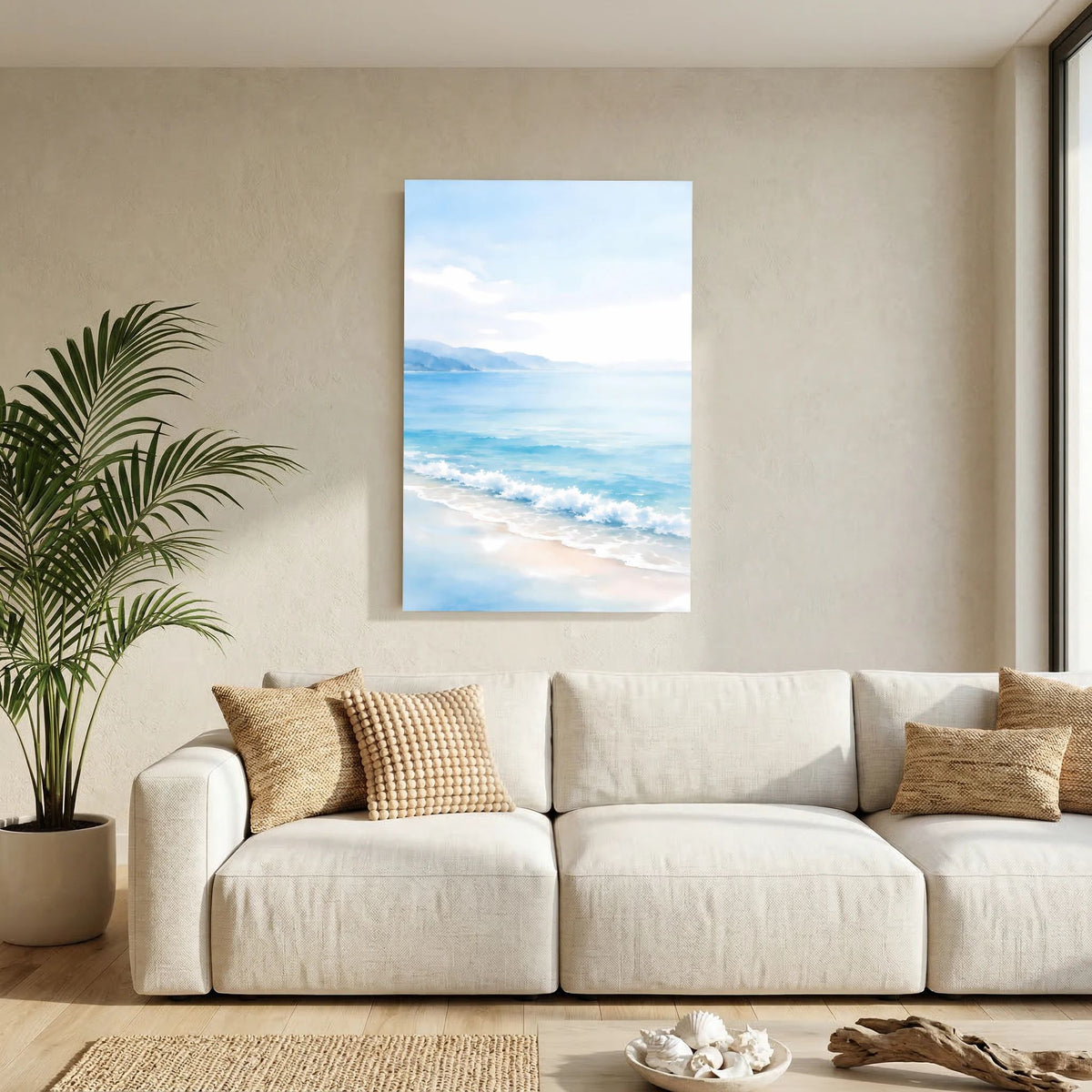 Meerblick-Wandbild im Hochformat mit sandigem Strand, blauen Wellen und Fernblick
