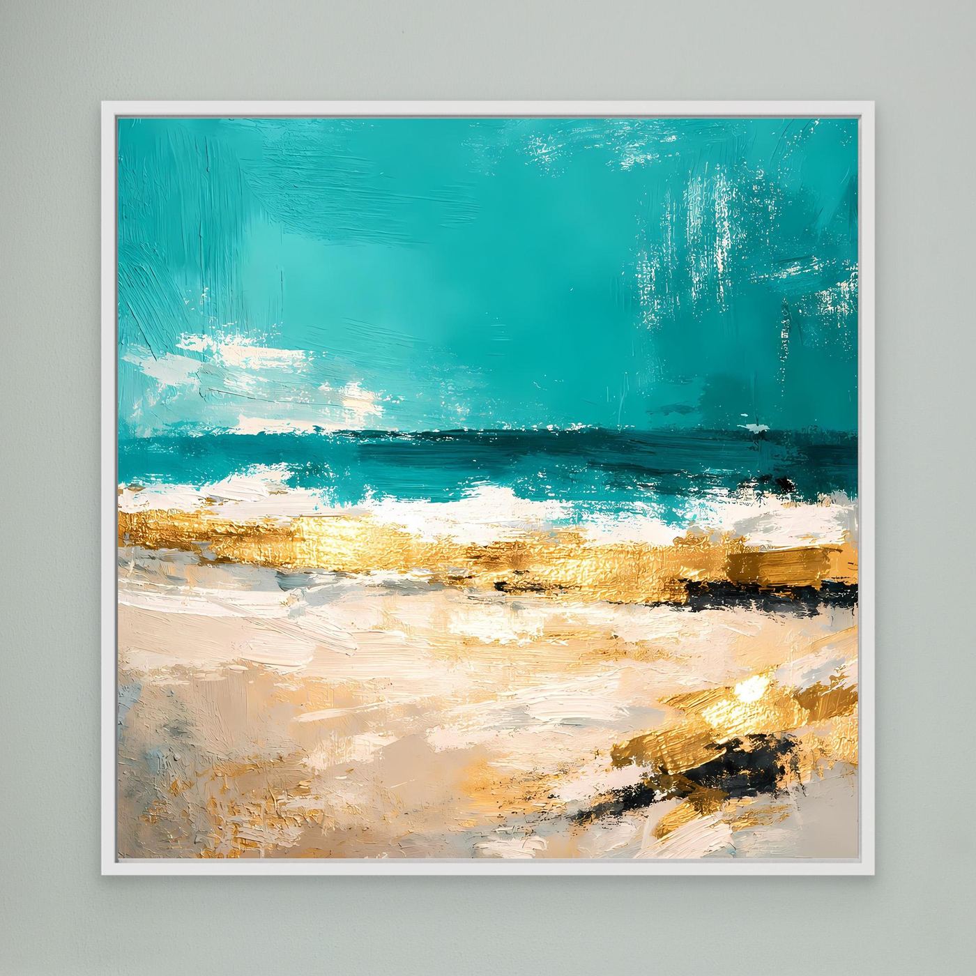 Leinwand Abstraktes Strandgemälde in Türkis und Gold | Modernes Meer Wandbild