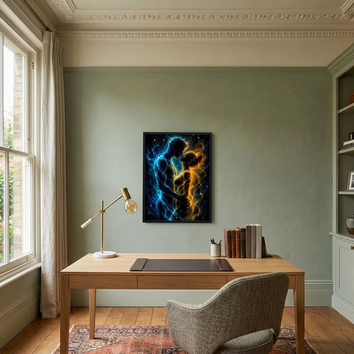 Hochformat-Poster mit abstraktem Paar in Blau und Gold, schwarzer Rahmen