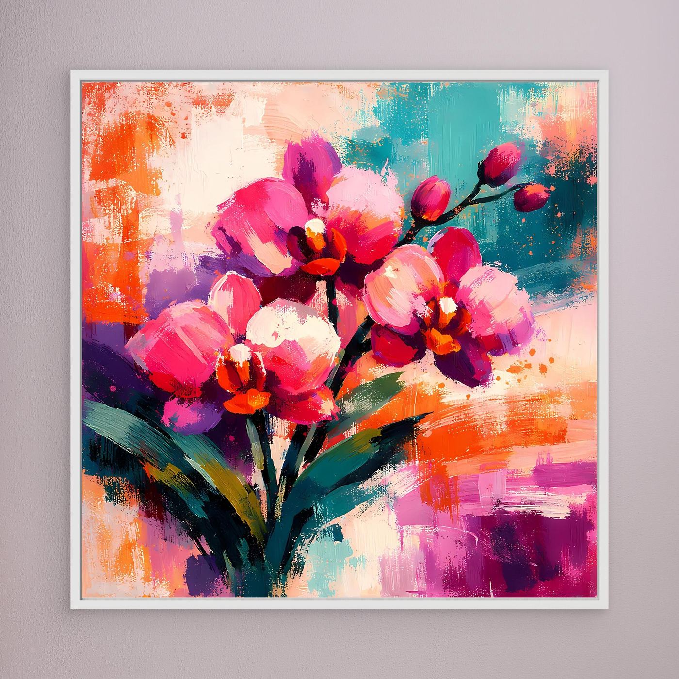 Leinwand-Wandbild mit abstrakten Orchideen in Pink, Lila und Türkis, weißer Rahmen