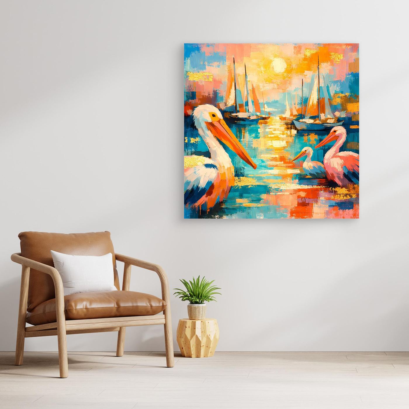 Leinwandbild mit bunten Pelikanen am Hafen und Segelbooten, Holzrahmen