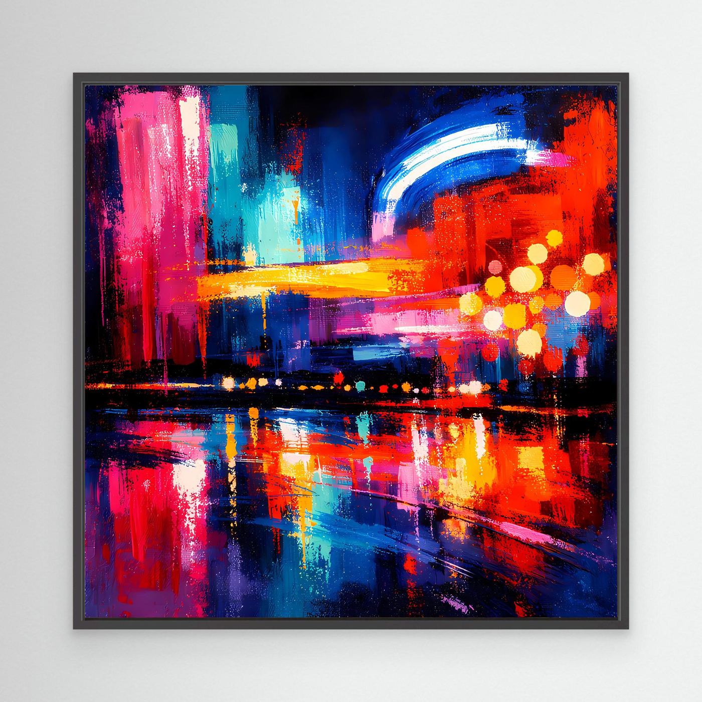 Abstraktes Leinwand-Wandbild (schwarzer Rahmen) mit Stadt-Skyline in Blau, Rot und Gelb