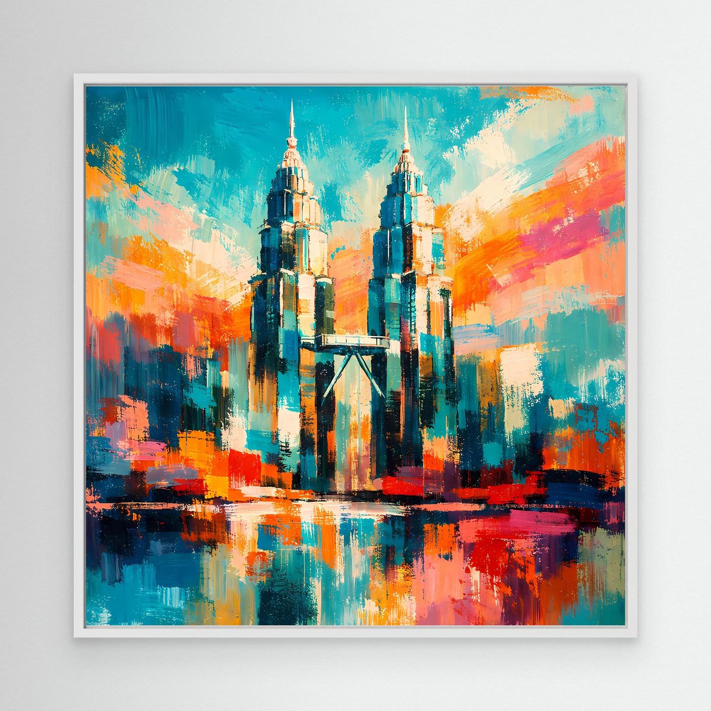 Abstraktes Leinwand-Wandbild mit weißem Rahmen: Petronas-Türme in Blau/Orange