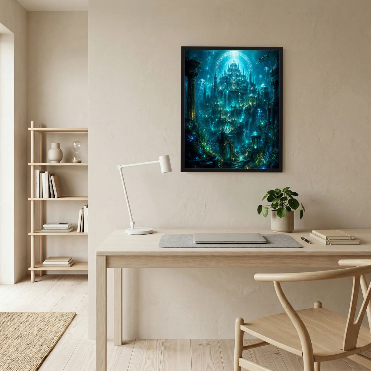 Gerahmtes Hochformat-Poster mit Unterwasserstadt, schimmernden Laternen und zentralem Torbogen