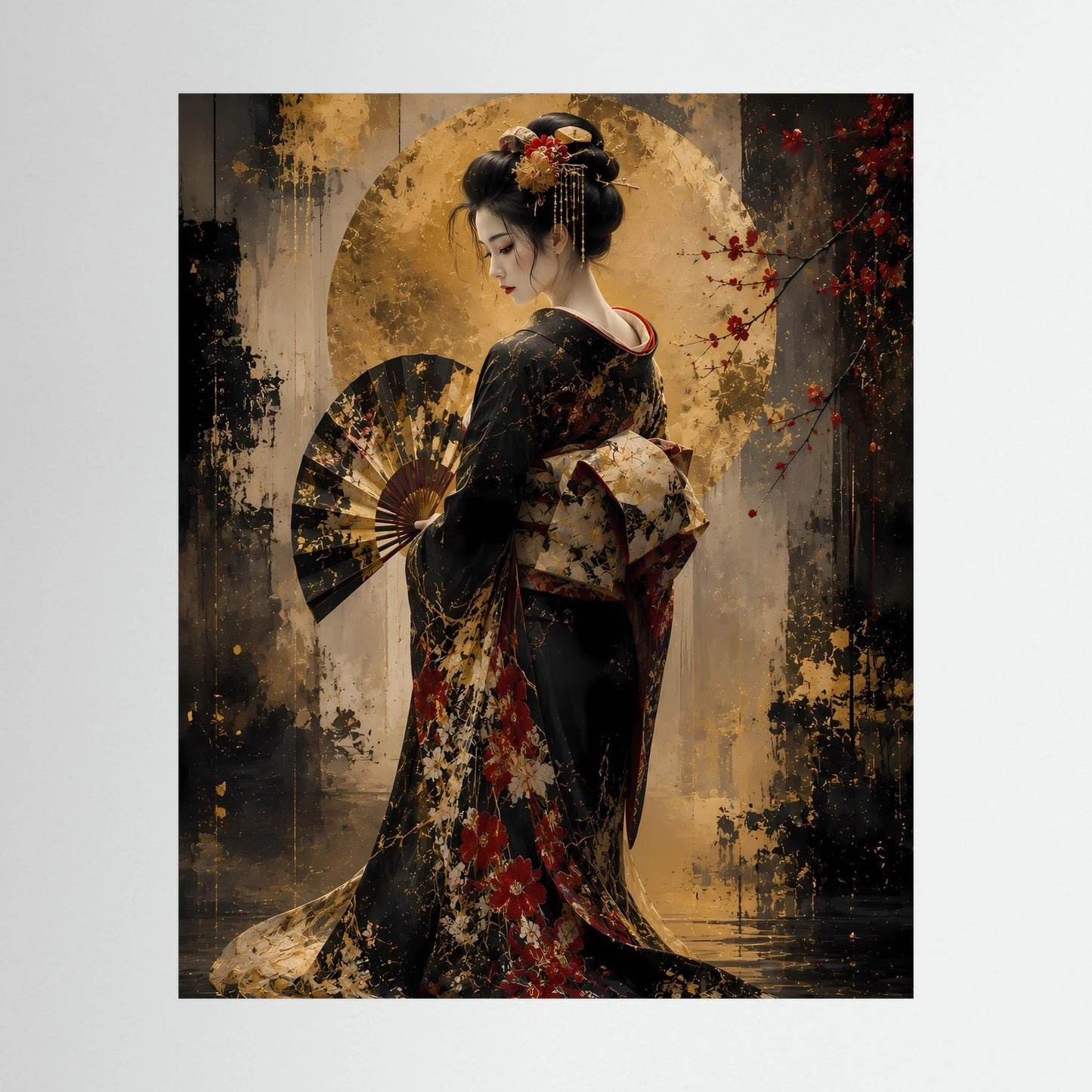 Poster im Hochformat mit Geisha-Frau im schwarzen Kimono mit Gold und Fächer