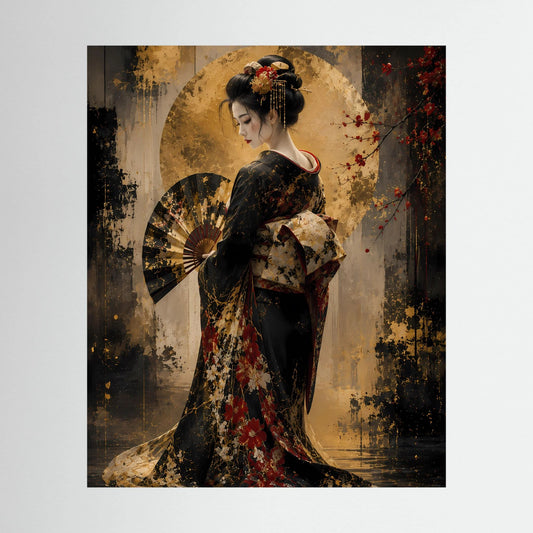 Poster im Hochformat mit Geisha-Frau im schwarzen Kimono mit Gold und Fächer