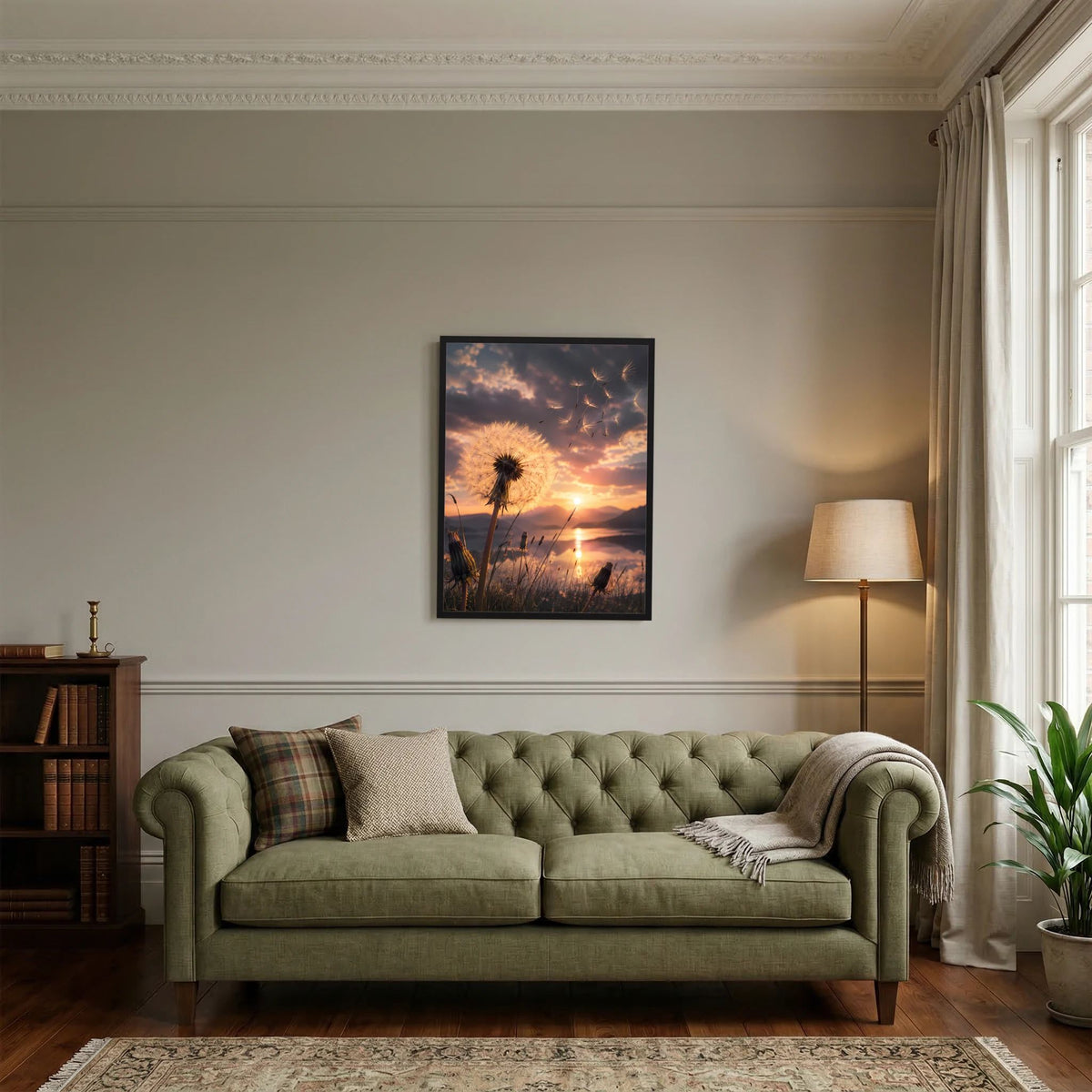 Hochformatiges Poster mit Pusteblume im Sonnenuntergang, dunkel gerahmt