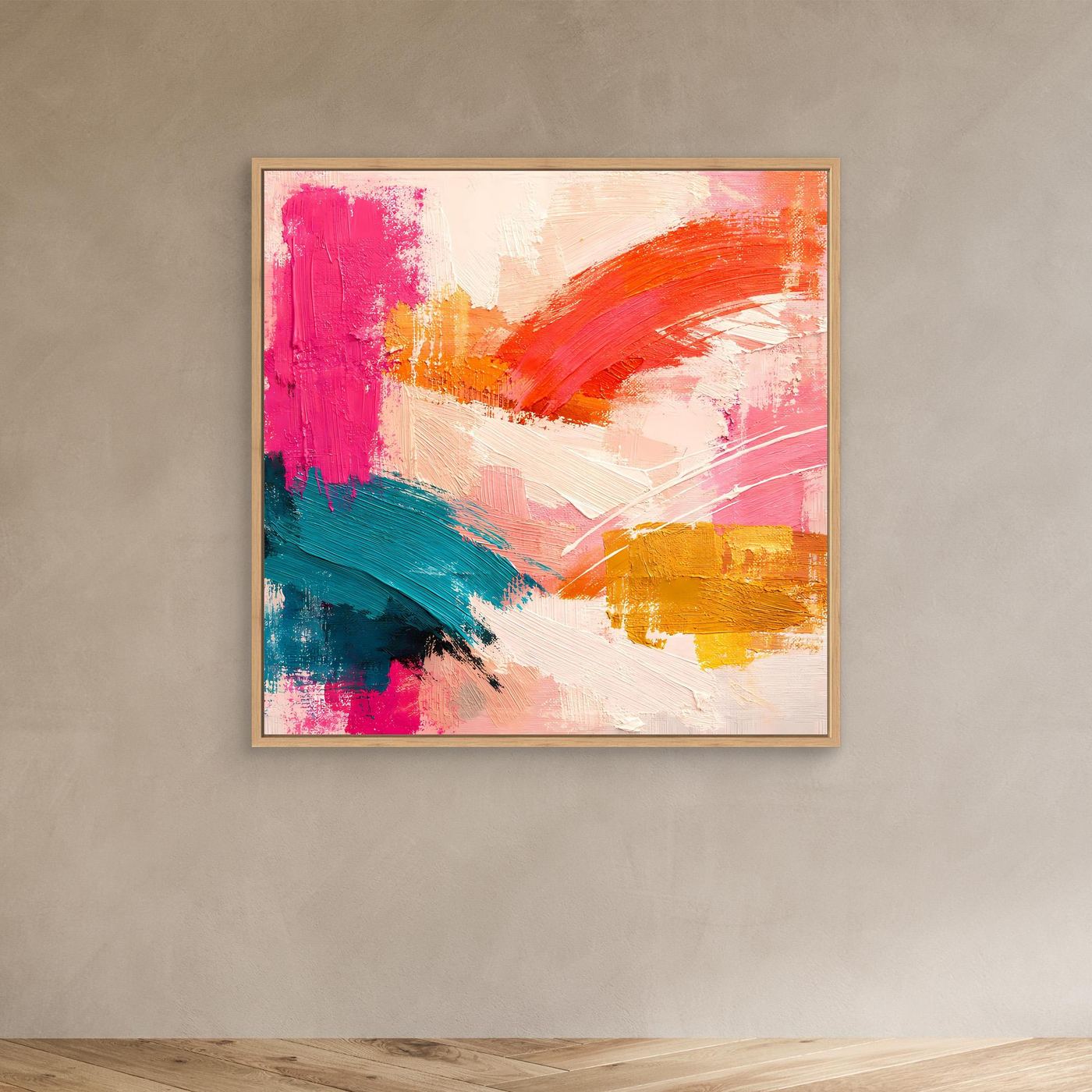 Leinwand-Wandbild mit abstrakten Pinselstrichen in Pink, Orange und Petrol, hellbraun gerahmt