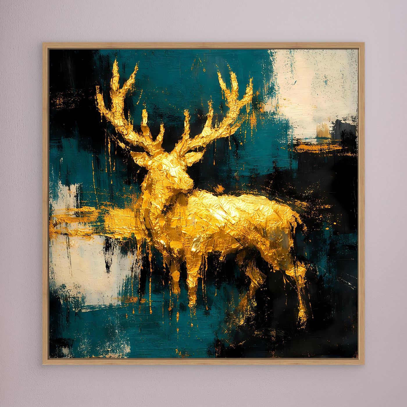 Leinwand Goldener Hirsch in abstrakter Landschaft | Modernes Edel-Tier Wandbild