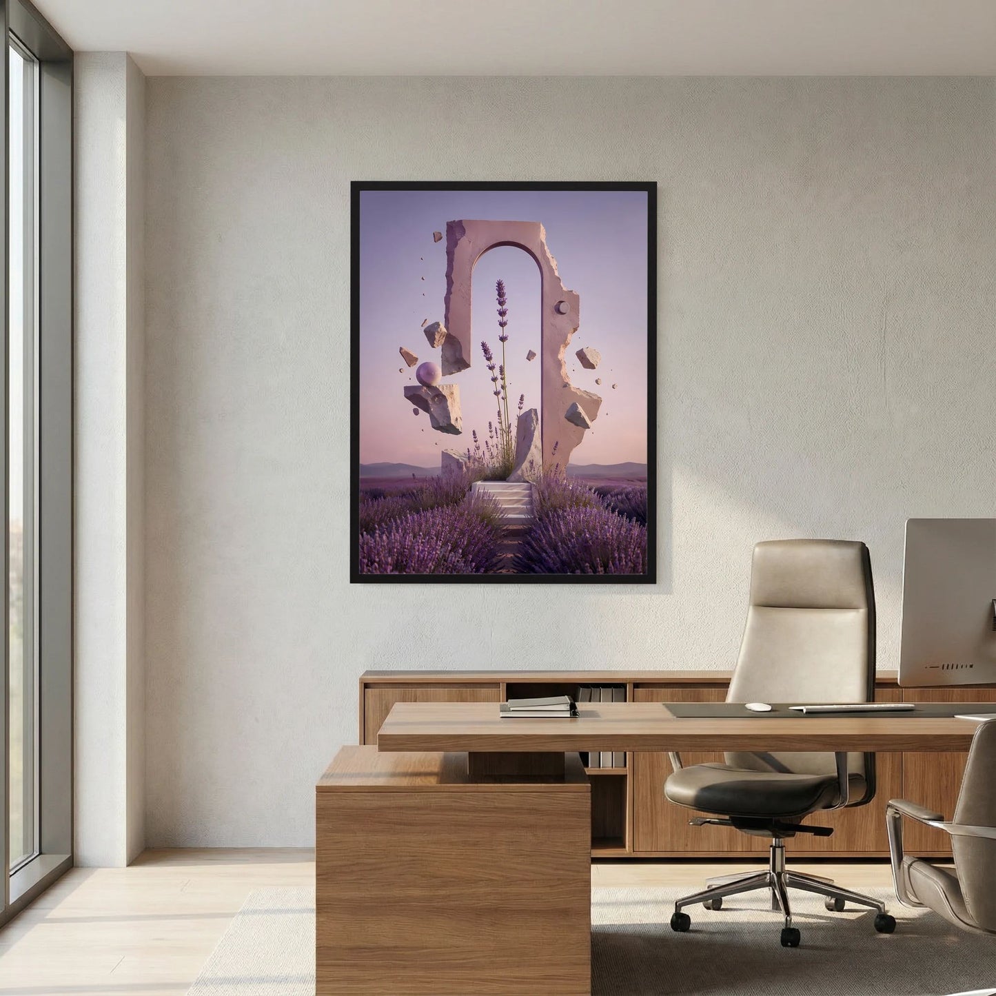 Gerahmter Kunstdruck im Hochformat: violettes Lavendelfeld mit Portal-Silhouette