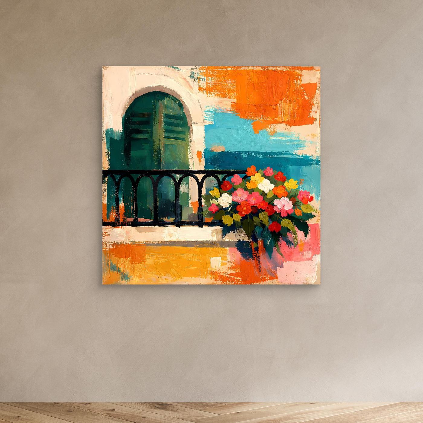 Abstract Mediterranean balcony wall art with flowers and arched window, unframed canvas