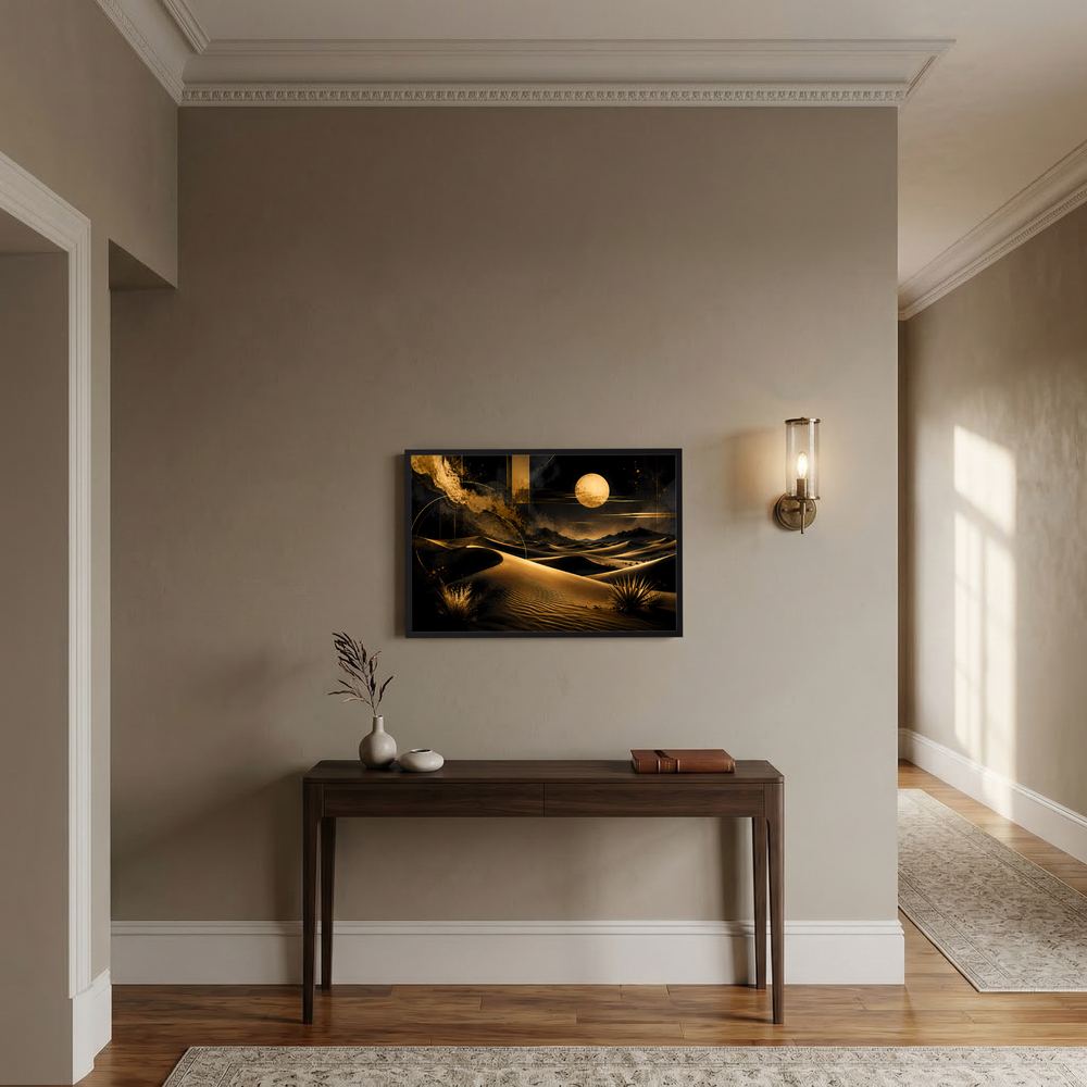 Abstraktes Poster mit Sanddünen in Schwarz und Gold, Querformat mit schwarzem Rahmen