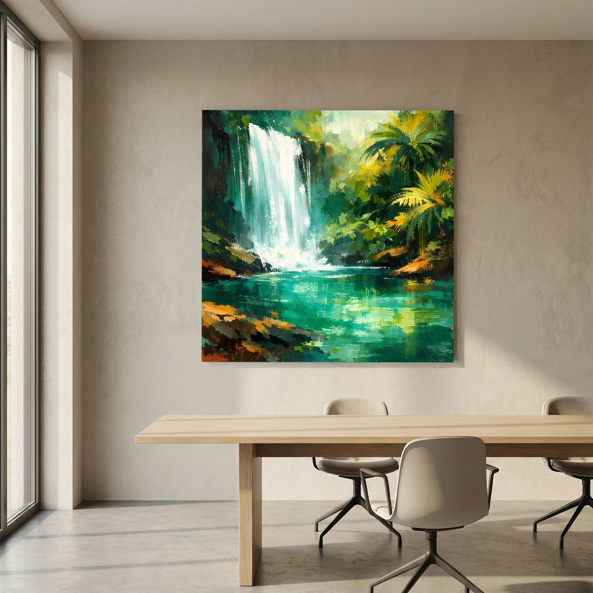 Leinwand-Wandbild mit Wasserfall im Dschungel, grünen Palmen und türkisfarbenem Wasser