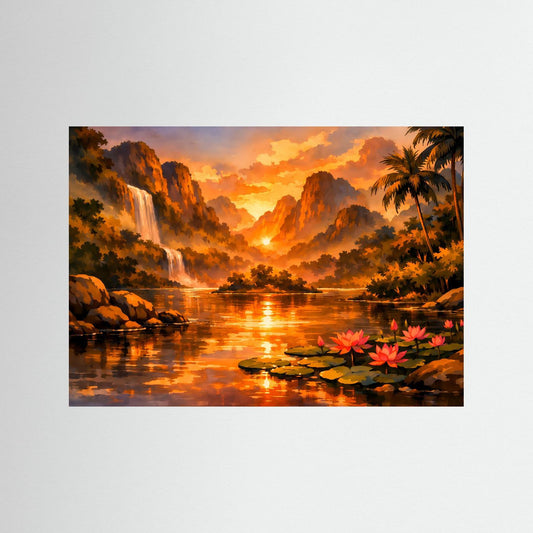 Gerahmtes Querformat-Poster mit tropischem See, Wasserfall und orangefarbenem Sonnenuntergang