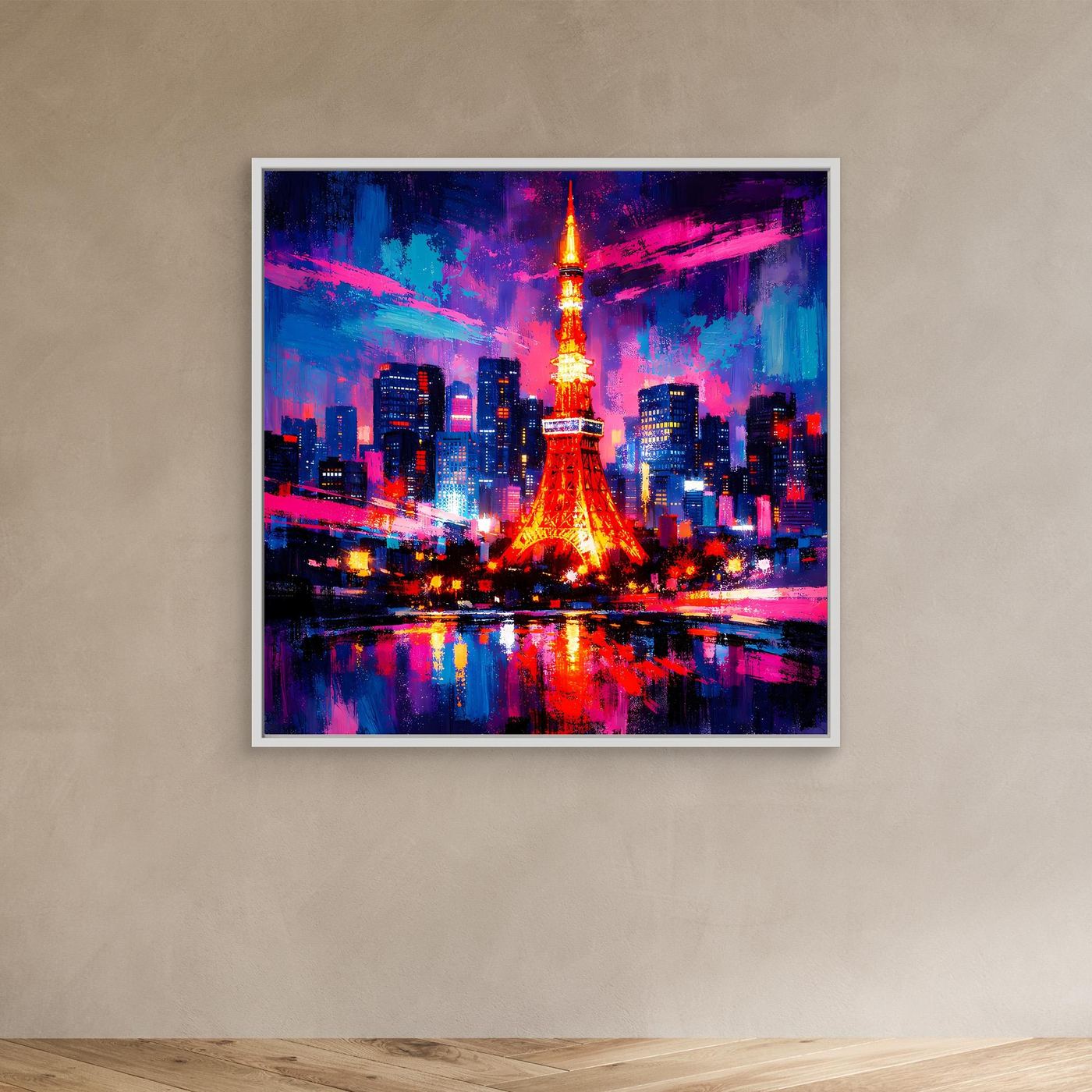 Leinwand-Wandbild Skyline mit Eiffelturm, bunte Lichter, weißer Rahmen