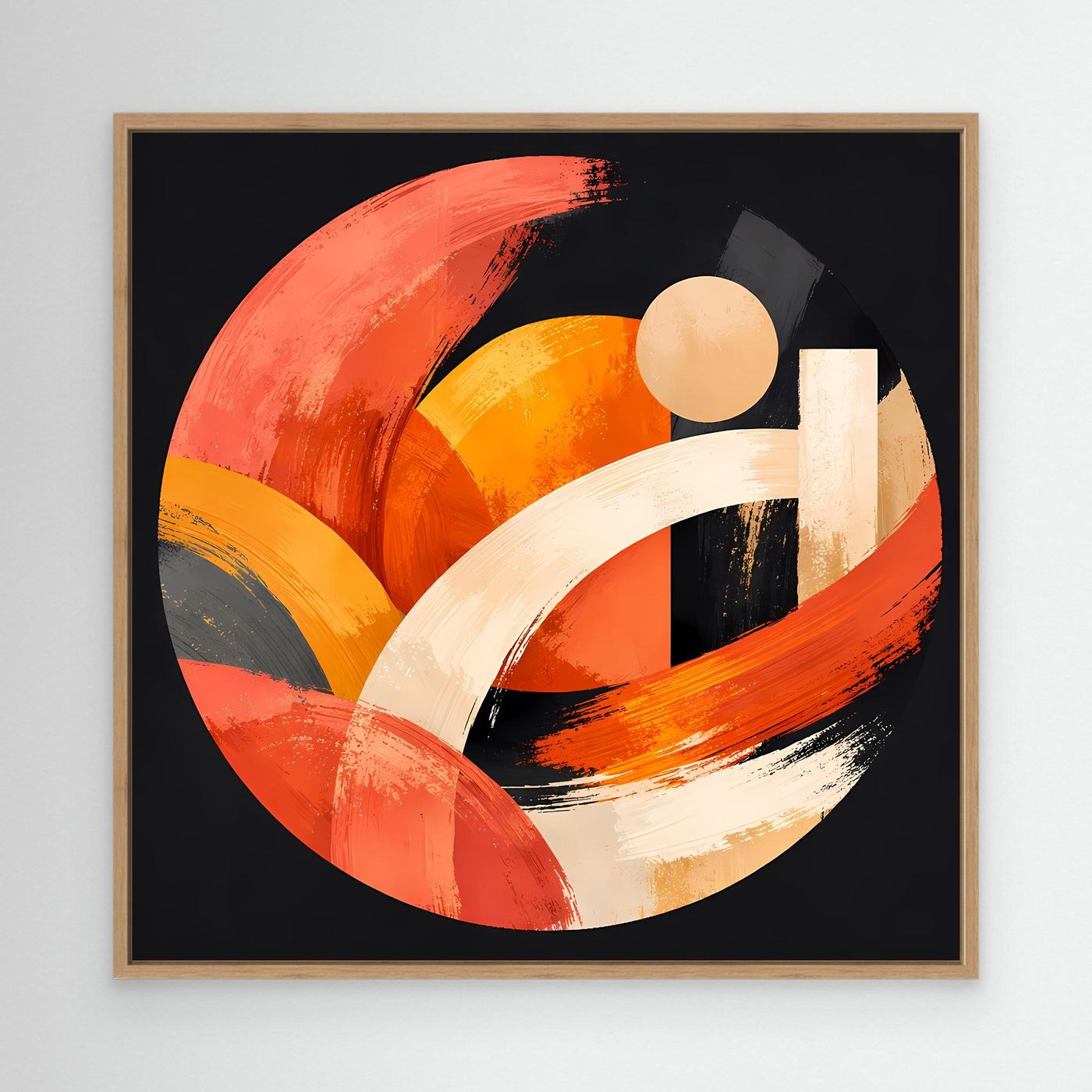 Leinwandbild mit geometrischem Kreis aus Pinselstrichen in Orange, Beige und Weiß, Holzrahmen Eiche
